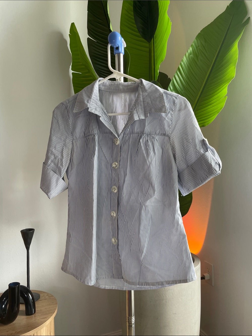 Women’s Blue & White Striped Button-Up Short Sleeve Top